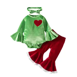 가을 녹색 긴 소매 심장 인쇄 크리스마스 Romper 레드 플레어 바지 머리띠 유아 소녀 크리스마스 의상 GCRS-017