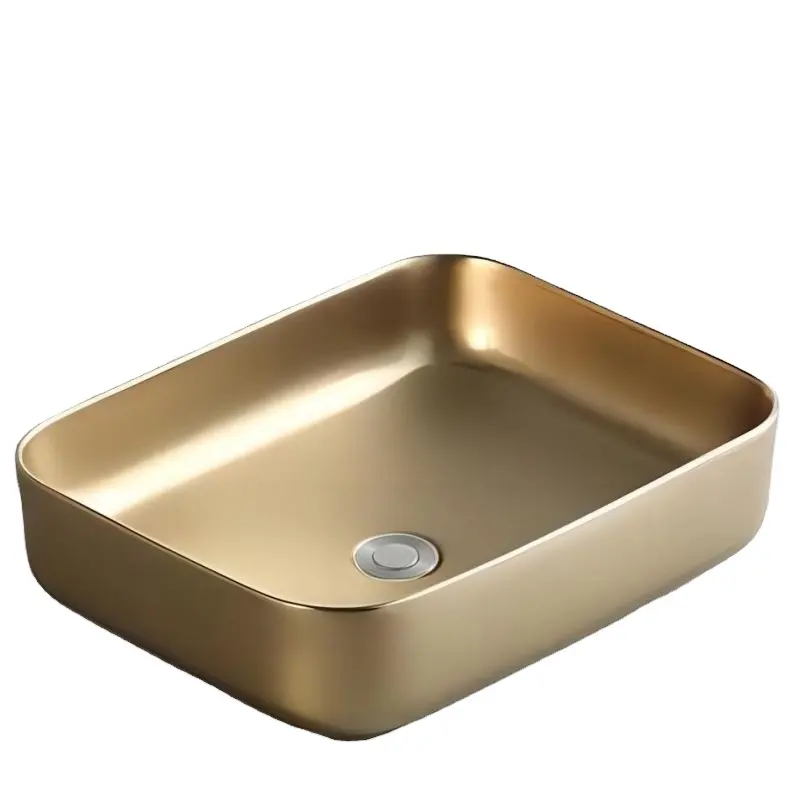Golden modern above counter washbasin lavabo ceramic luxury face hand wash basin matt gold plated bathroom vessel sink for hotel