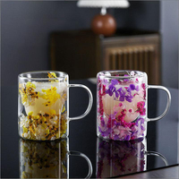 Tasse à café en verre à double paroi de qualité supérieure, soufflée à la main, résistante à la chaleur, avec fleur séchée