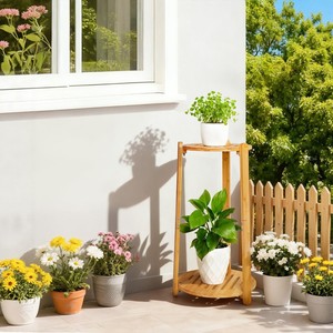 Support à plantes à double niveau en bambou, design circulaire minimaliste, support pour pot de fleurs de jardin, pour usage intérieur et extérieur - Product Image 1