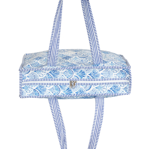 Bohemian Style Handmade Eco-Friendly 100% Cotton Quilted Reversible Tote <b>Bag</b> Zipper Closure Panelled Blue White Summer All - Product Image 5