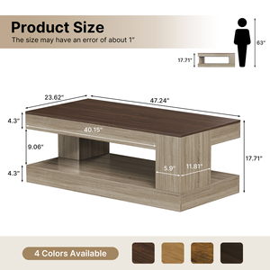 Table basse en bois moderne avec éclairage contrôlé par application, table basse en bois bicolore, table basse à 2 niveaux avec rangement pour le salon - Product Image 6