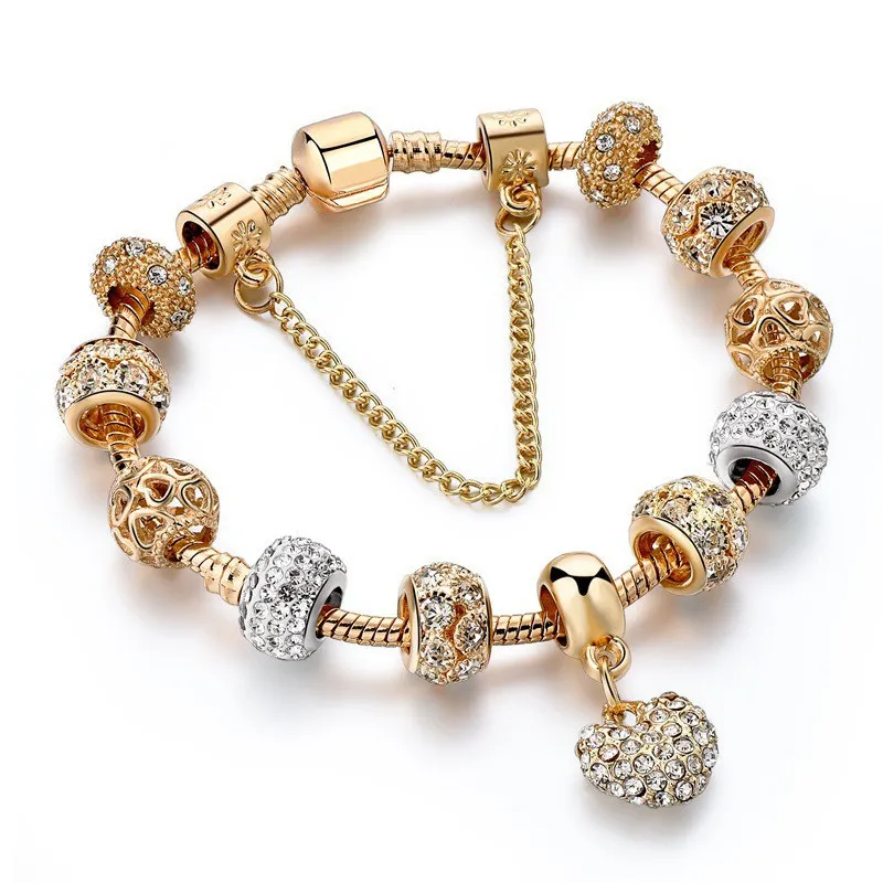 Luxury Crystal Heart Beads And Charms 18K Gold Plated Feminina Bracelets For Women HY-170