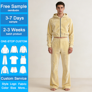 Tute da <span class=keywords><strong>uomo</strong></span> in <span class=keywords><strong>velluto</strong></span> personalizzate, vestibilità rilassata, set 2 pezzi: felpa corta con zip e <span class=keywords><strong>pantaloni</strong></span> della tuta <span class=keywords><strong>a</strong></span> gamba svasata, stile casual streetwear - Product Image 1
