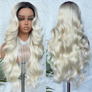 Perruque Lace Front Ombrée Blonde Prête à Porter Sans Colle, Perruques Synthétiques Lace Front, Perruque Blonde avec Racines Foncées, Cheveux Synthétiques Mélangés - Product Image 2