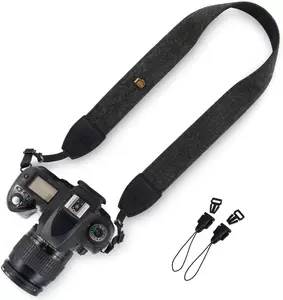 Tali bahu leher kamera kanvas hitam cokelat yang bisa diatur dengan gesper lepas cepat untuk kamera SLR Canon Sony