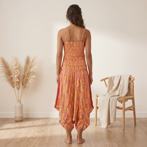 Boho Sweet Printed Striped Cotton Midi <b>Dress</b> Spaghetti Strap Loose Asymmetrical Hem <b>Elastic</b> Waist Candy Color Summer Casual Wear - Product Image 2
