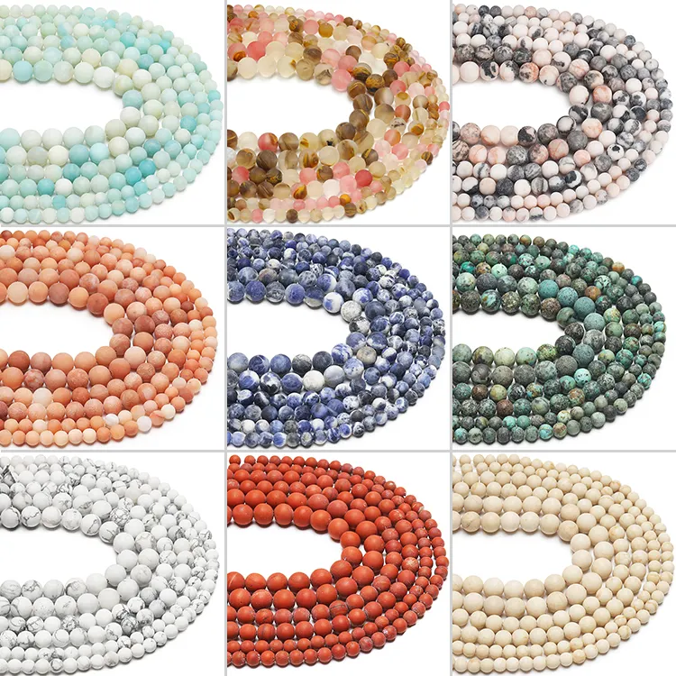 Pierres précieuses naturelles mates de 4 à 12MM, cristal, Quartz, perles rondes, givrées, non polies, pour la fabrication de bijoux DIY