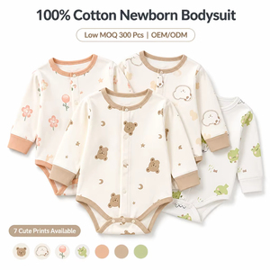 Combinaison bébé en coton doux à manches longues, fermeture à boutons pression, imprimé dessin animé, personnalisable, respirante, pour nouveau-né - Product Image 1