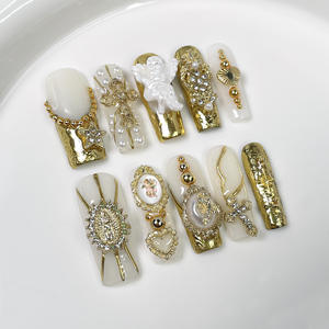 Faux ongles longs carrés rouge vin à motif français en relief, décoration croix <span class=keywords><strong>Vierge</strong></span> Marie, style rétro et luxe léger, pour la Saint-Valentin - Product Image 5