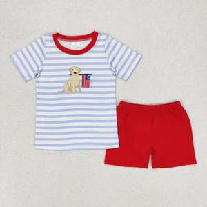 Ensemble 4th of July pour garçons, T-<span class=keywords><strong>shirt</strong></span> rayé avec broderie de chiot patriotique et short rouge/à carreaux, tenue d'été 2 pièces pour garçons - Product Image 2