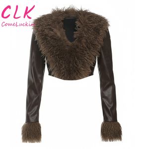 جاكيت نسائي جديد للخريف بياقة فرو قصيرة وشراشيب، بأكمام طويلة من الجلد الصناعي قابل للارتداء على الوجهين، صديق للبيئة، برقبة على شكل V - Product Image 3