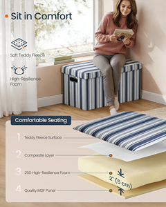 Banc <span class=keywords><strong>de</strong></span> rangement pliable moderne et tabouret <span class=keywords><strong>de</strong></span> coiffeuse pliant en tissu à rayures carrées avec poignée et poche - Product Image 5
