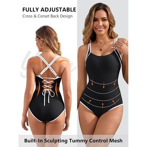 Traje de baño de una pieza para mujer, control de abdomen, cuello cuadrado, ribete en contraste, estilo deportivo, modesto, Spandex Nylon - Product Image 4