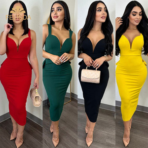 Elegante Kleider für Frauen Sexy <span class=keywords><strong>Plunge</strong></span> Rüschen Saum rücken freies Party kleid Herbst Sommer Frühling Mode Nachtclub Casual <span class=keywords><strong>Dress</strong></span> Roben - Product Image 1