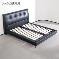 Lit en fer moderne et abordable, recouvert de cuir noir, avec rangement, taille King/Queen, structure en bois assemblée pour chambre à coucher V427