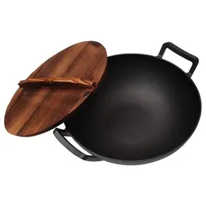 China Factory Cast Iron Chinese Wok With Wooden Lid Cast Iron Wok Pan