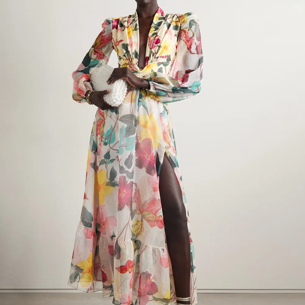 Chiffon Fabric Slit Design Long Dress Floral Full Sleeves Casual Dress