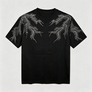 T-Shirt da Uomo in Cotone 100% di Alta Qualità, Pesante, Nero, con Motivo a <span class=keywords><strong>Pois</strong></span> e Strass Scintillanti, Stile Hip Hop Streetwear - Product Image 1