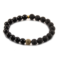 Ensemble de bijoux pour homme Hip Hop de luxe 2 pièces, bracelet en onyx noir mat et pierre de lave, bracelet avec pendentif roi en CZ noir glacé