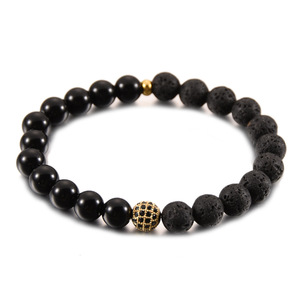 Set <span class=keywords><strong>di</strong></span> 2 Bracciali da Uomo Hip Hop <span class=keywords><strong>di</strong></span> Lusso con Onice Nero Opaco e Pietra Lavica, Bracciale con Corona e Charm <span class=keywords><strong>Re</strong></span> Nero CZ Iced Out - Product Image 6