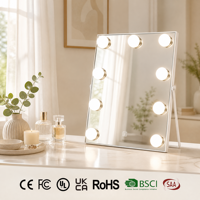 Miroir de maquillage éclairé en bois blanc avec lumières, 27 cm, angle réglable, 3 modes de couleur, variateur d'intensité, capteur tactile