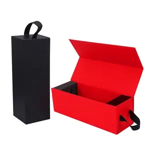 Customized Logo Cardboard Luxury Packaging Folding Cosmetic Paper Boxes Recyclable Rigid Red Wine Gift Magnetic Box With Handle