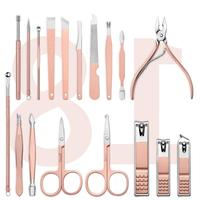 Ensemble de manucure 18 pièces de haute qualité en plaqué or rose en gros de l'usine avec boîte-cadeau élégante en acier inoxydable