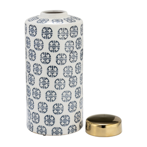 Vaso Decorativo in Ceramica con Motivo Blu e Coperchio Dorato per Soggiorno, Camera da Letto e Sala da Pranzo - Product Image 3