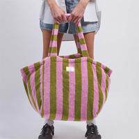 Sac de plage à bandoulière en tissu éponge doux rayé pour femme, grande capacité, avec logo personnalisé