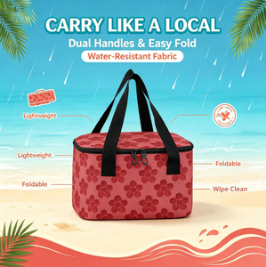 Custom Print Hawaii Red Flower Design Reusable Cooler Tote Beach Picnic Portable <b>Insulated</b> <b>Lunch</b> <b>Box</b> with Short Handles - Product Image 5