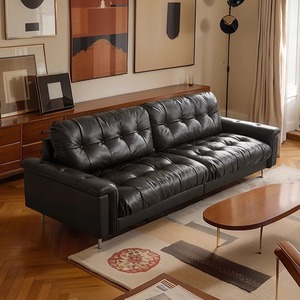 Retro Black Genuine Leather Nebula Sofa, Mid-century Designer 3-seater Down-filled Straight Couch for Small Living Room - Product Image 3