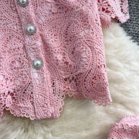 Ensemble deux pièces élégant de style français en dentelle guipure, haut à manches courtes bouffantes et jupe midi taille haute pour femme, printemps-été