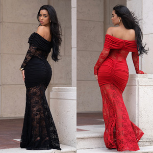 C7620 Nouvelle <span class=keywords><strong>Robe</strong></span> <span class=keywords><strong>de</strong></span> Soirée Mixi Plissée Élégante pour <span class=keywords><strong>Femme</strong></span>, Épaules Dénudées, Dentelle, Manches Longues, Sexy, Froncée, Printemps 2026 - Product Image 2