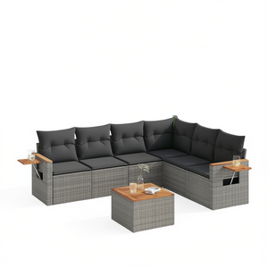 Set Divano da Giardino Grigio per Esterni a 6 Posti in Rattan Intrecciato con Tavoli in Legno Teak, Design Contemporaneo Resistente alle Intemperie - Product Image 1