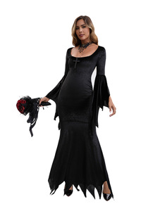 Costume de sorcière d'Halloween pour femmes adultes, robe longue gothique noire, manches cloche, costume de cosplay, tenue de scène pour performance - Product Image 2