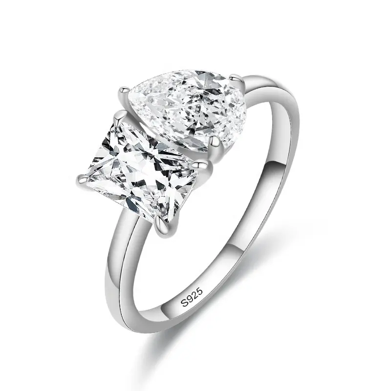 Luxury White Gold Plated 925 Sterling Silver Cocktail Ring Jewelry CZ Diamond Wedding Engagement Double Stone Ring