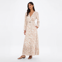 Nouvelle Robe Chemise Longue Femme Imprimé Zèbre Col V Manches Longues Boutonnée Ceinturée Coupe Trapèze Style Bohème Décontracté