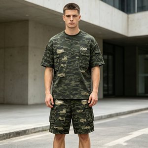 Conjuntos de camuflaje para hombre, conjuntos oversize casuales y holgados, ropa de trabajo, 100% algodón, ecológicos, camiseta y pantalones cortos para hombre - Product Image 1