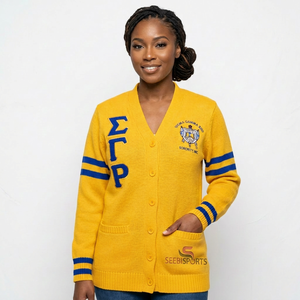 เสื้อคาร์ดิแกนผู้หญิงสีเหลือง คอวี ติดกระดุมสองแถว แขนยาว ปักลาย Sigma Gamma Rho Sorority ผ้าถัก สำหรับฤดูหนาว สไตล์วินเทจ - Product Image 1