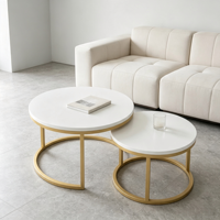 Ensemble de tables basses gigognes modernes, plateau blanc mat, structure en métal doré, 2 pièces, pour salon, appartement, chambre à coucher