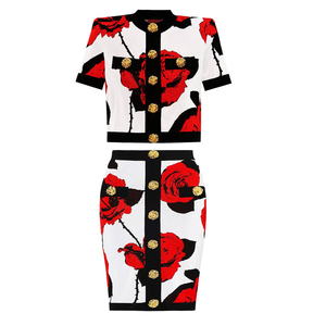 Nuovo Set Due Pezzi da <span class=keywords><strong>Donna</strong></span>: Cardigan Stampato a Maniche Corte e Gonna, Completo in Maglia alla Moda - Product Image 1