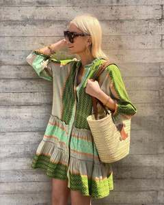 US Venta caliente moda impresa suelta Casual verano playa vacaciones algodón <span class=keywords><strong>Lino</strong></span> siete cuartos manga Vestido <span class=keywords><strong>Mujer</strong></span> - Product Image 6