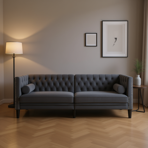 Divano Chesterfield Grigio Scuro in Velluto con Schienale Trapuntato a Tre Posti per Soggiorno - Product Image 2