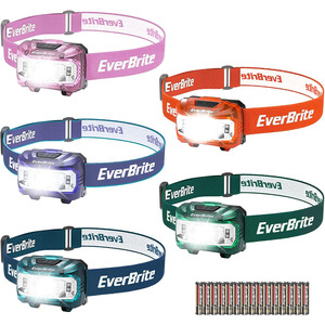 Linterna Frontal de Plástico EverBrite con Luz Roja, Función de Memoria, 5 Modos, Resistente al Agua IP54, Garantía de 3 Años, para Adultos, Niños, Camping y Correr - Product Image 1