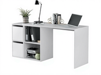 Bureau d'ordinateur moderne en bois, table de studio réversible multiposition avec étagère, finition blanche, poste de travail pour bureau à domicile