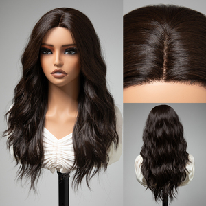 Perruque synthétique en gros, Lace Front ondulée, en fibre résistante à la chaleur, non inflammable, sans colle, brun foncé, avec monofilament - Product Image 1