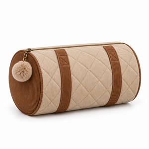 Toiletry <b>Bag</b> Barrel Shape <b>Corduroy</b> Quilted Pompom Zipper Pull Oat Caramel Wash Pouch Custom Logo Gift - Product Image 3