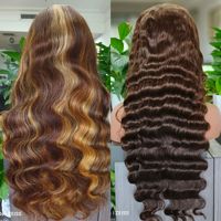 Perruque frontale en dentelle 13x4, cheveux humains brésiliens vierges, ondulés, pré-stylisés, blond balayage sur cheveux brun clair, 14-30 pouces