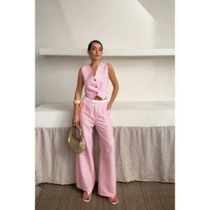 Conjunto de Chaleco y Pantalón a Rayas WAFFLE para Mujer, Color Rosa Sólido, Tops Cortos, Tallas XS, 3XL, 4XL, Corte Holgado - Product Image 3